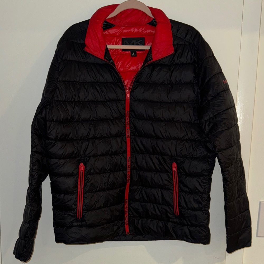 Michael Kors Black Puffer Jacket with Red Trim